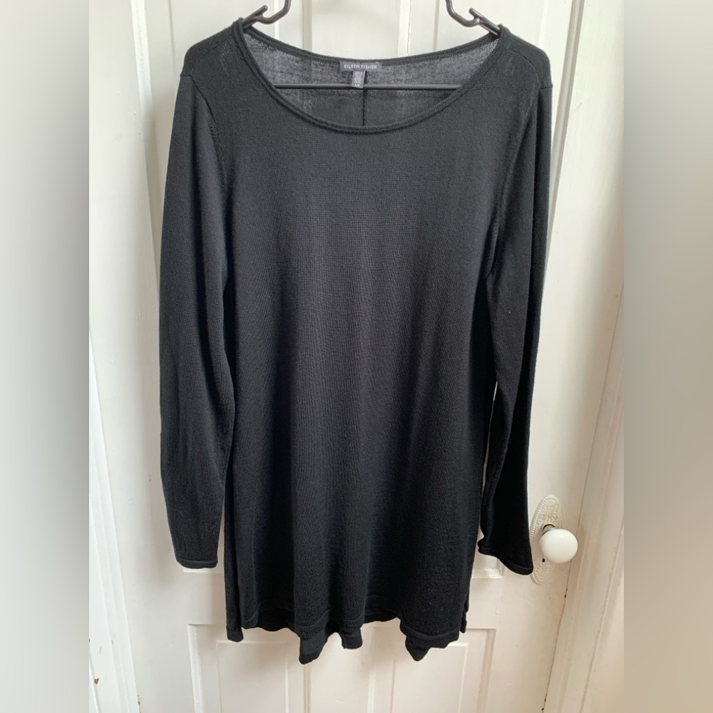 Eileen Fisher Merino Wool Long Sleeve Tunic Top Black Large